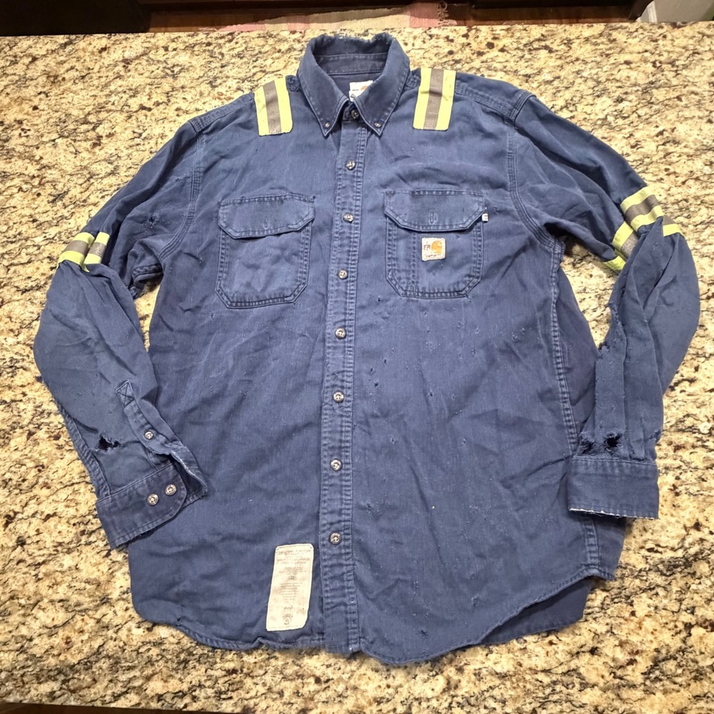 Carhartt FR Flame Resistant Reflective Work Shirt Navy Blue Mens L v